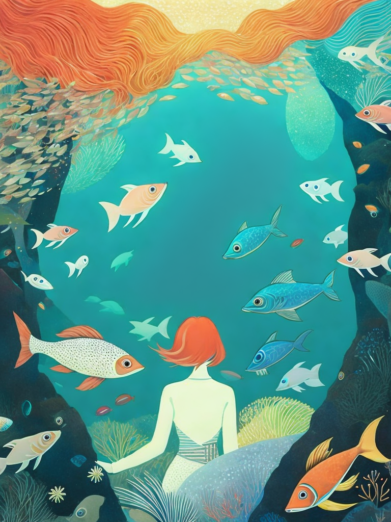 01066-578234000-a painting of a girl looking at a fish in the ocean with a lot of fish around her by Victo Ngai.png